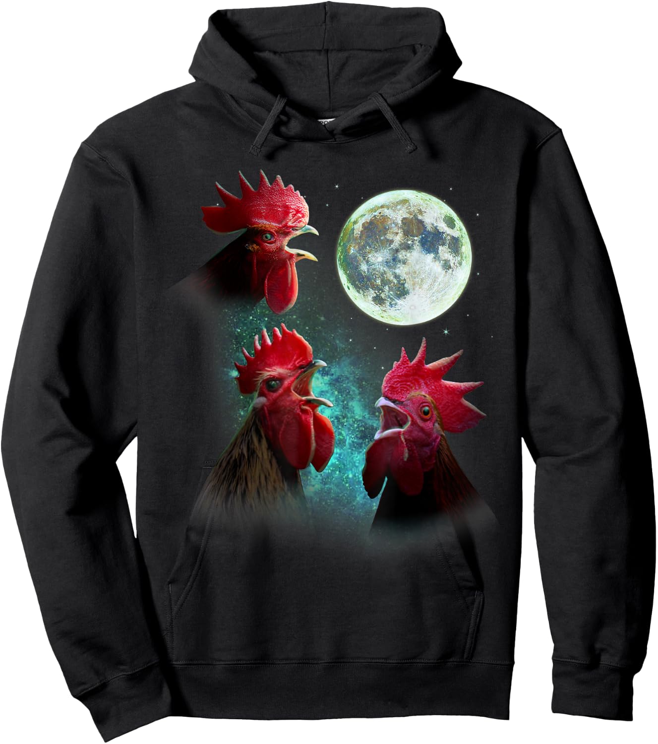 Three Rooster Chickens Howl At Moon 3 Wolfs Wolves Parody Hoodie - Hoodie | Black