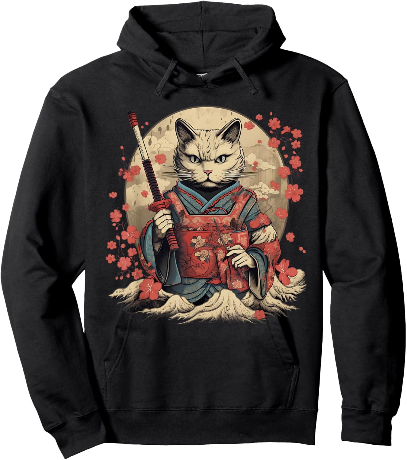 Vintage Japanese Samurai Ninja Cat Tattoo Kawaii Hoodie - Hoodie | Black