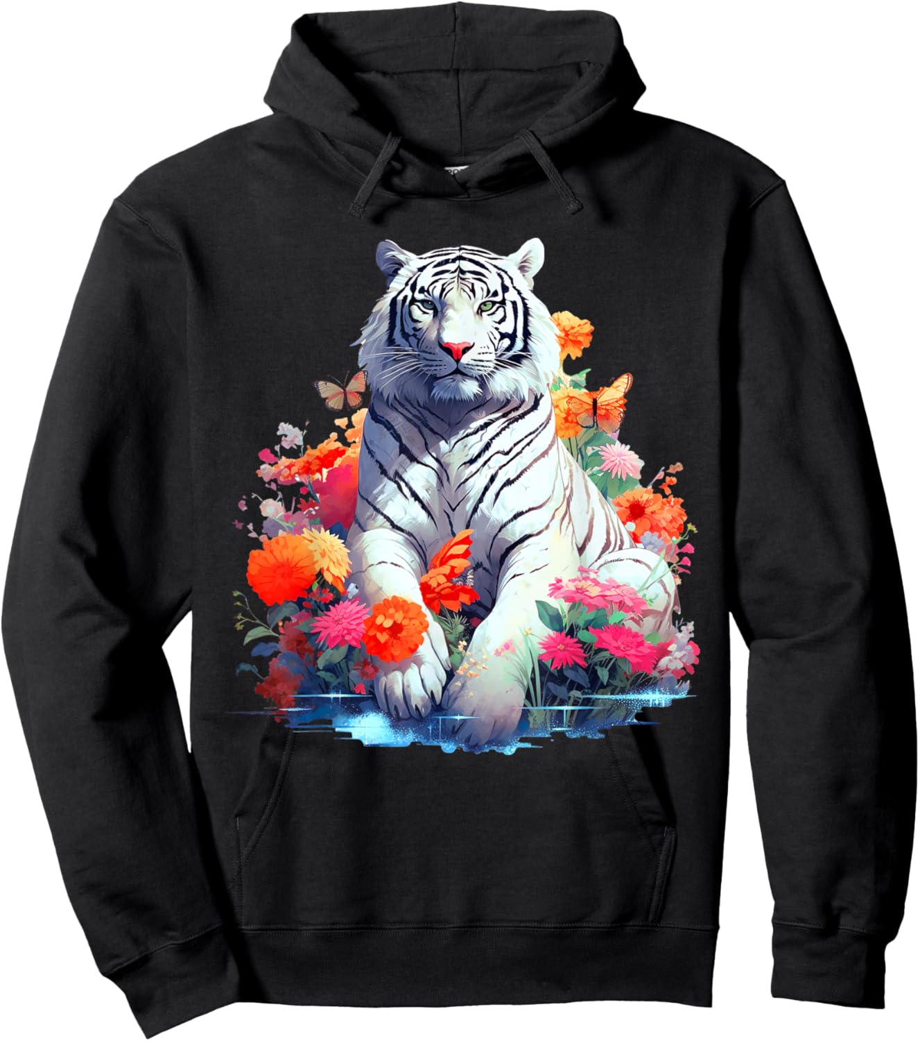 Tiger in White - Flower Art - Animal Art Tiger Hoodie - Hoodie | Black
