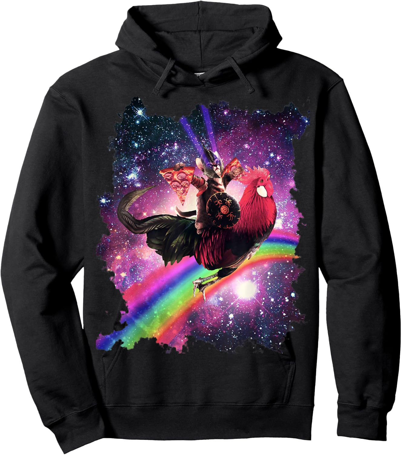 Lazer Warrior Space Cat Riding Chicken with Pizza Hoodie - Hoodie | Black