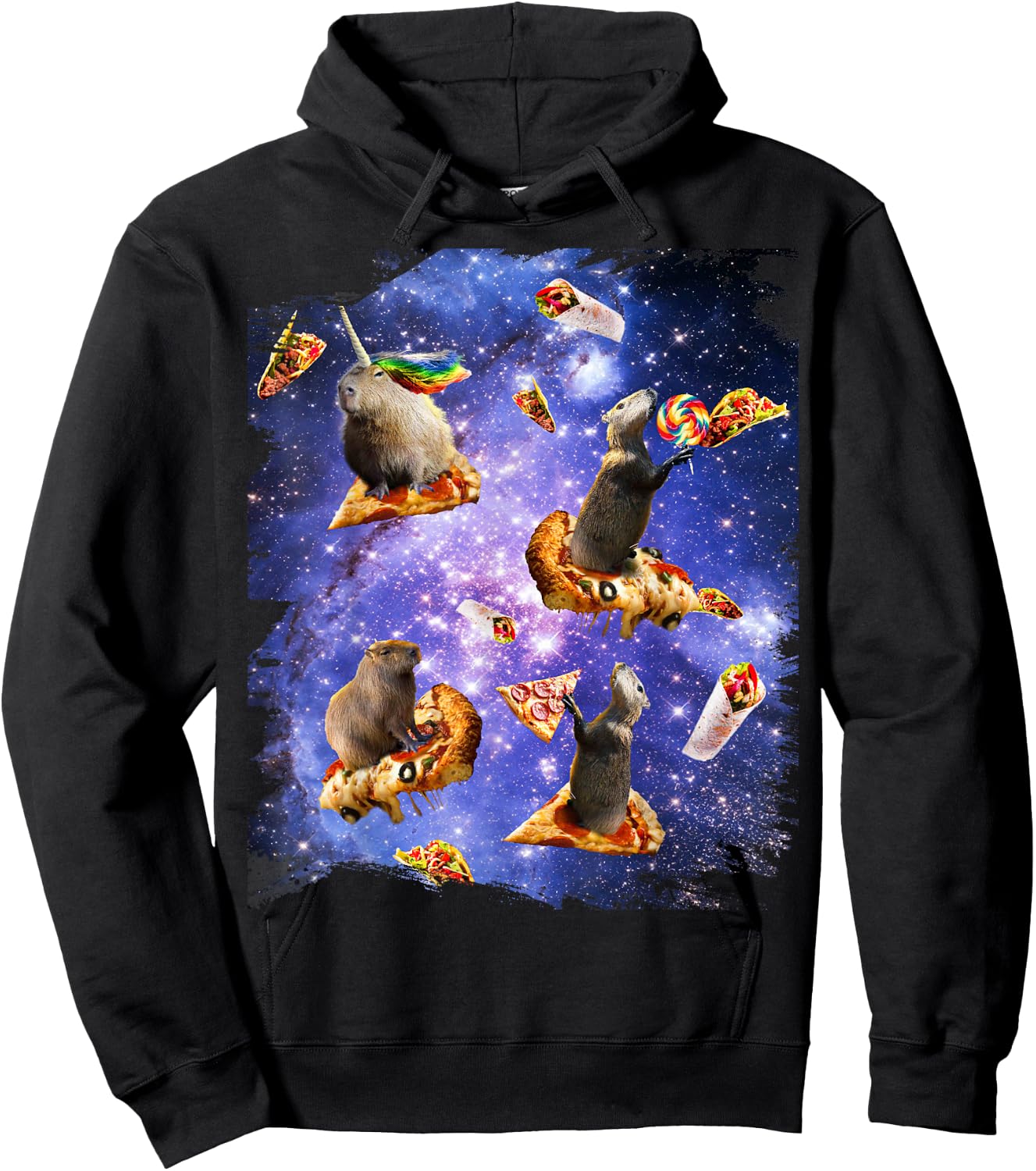 Space Capybara On Pizza Taco, Galaxy Capybaras Funny Hoodie - Hoodie | Black