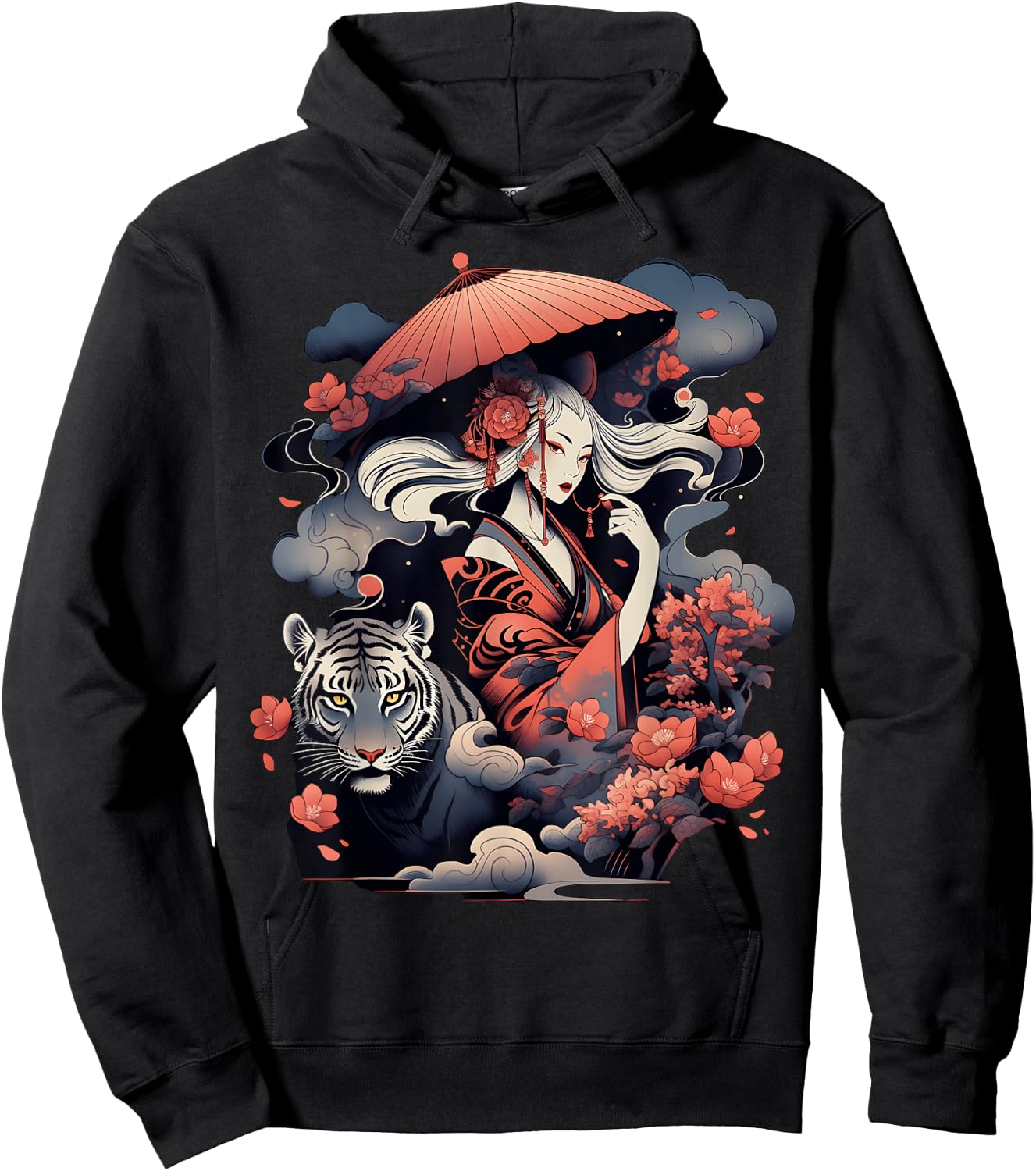 Step Up Your Style Game with This Vibrant Geisha and Tiger Hoodie - Hoodie | Black