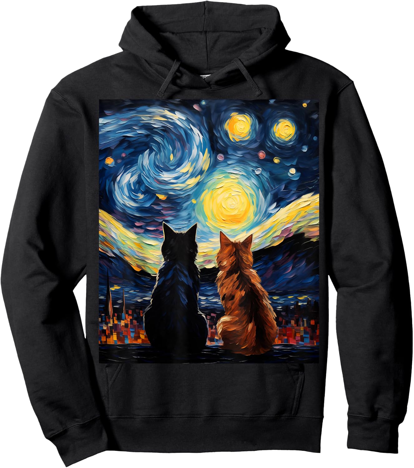 Funny Couples Cats Lover Starry Night Vincent van Gogh Cat Women Girls Kids Hoodie - Hoodie | Black