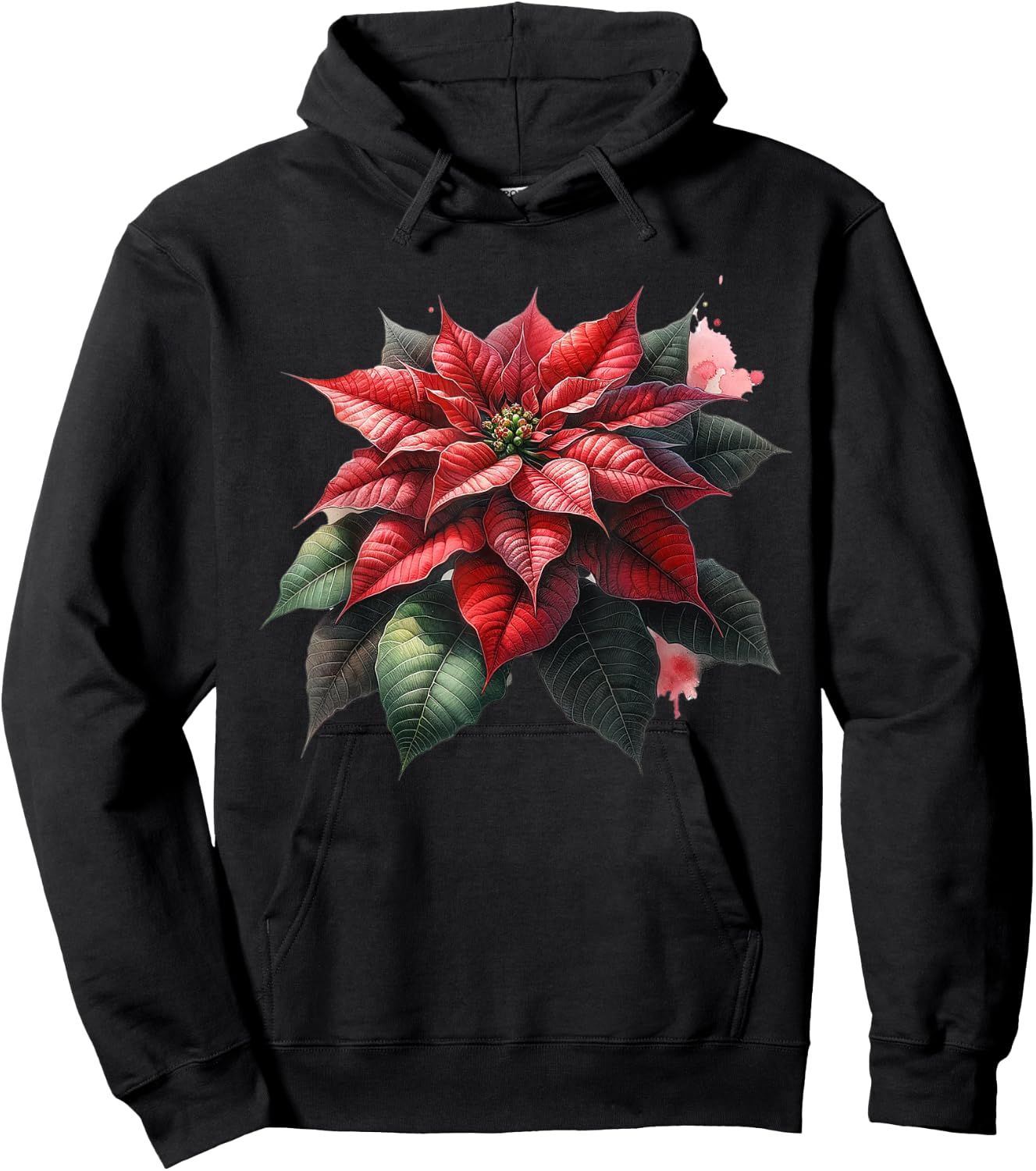 Poinsettia Watercolor Flower Holiday Christmas Graphics Hoodie - Hoodie | Black