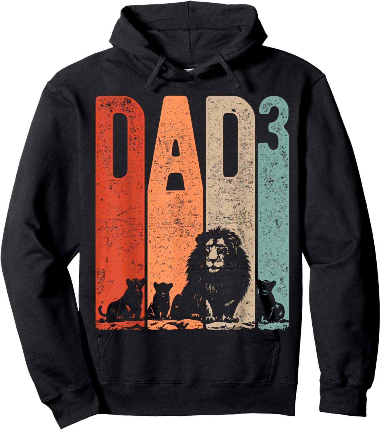 Papa Lion Cubs Father's Day Dad Squared Three Kids Retro Hoodie - Hoodie | Black