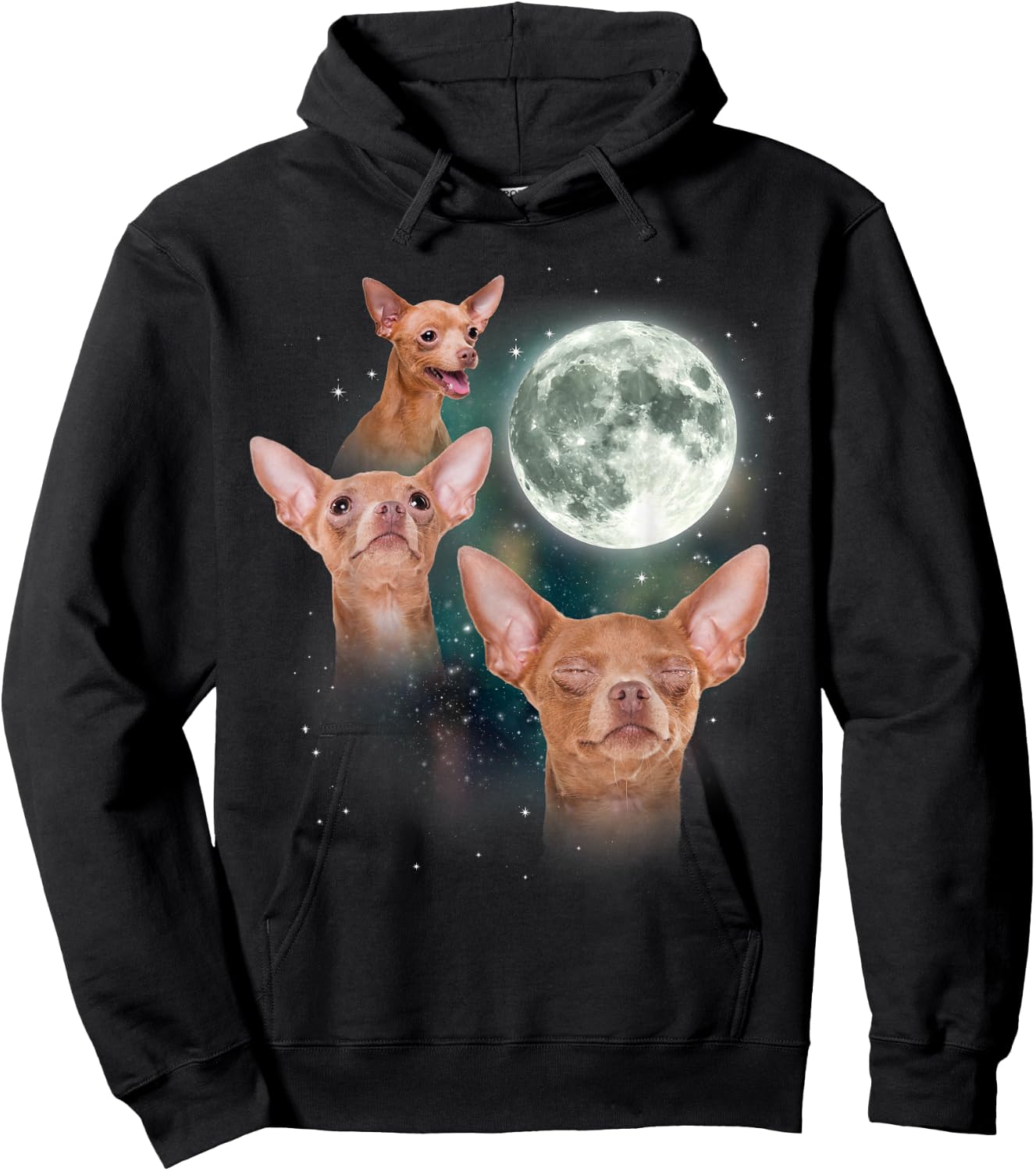 Three Chihuahua Moon 3 Dog Meme Funny Wolves Howling Parody Hoodie - Hoodie | Black