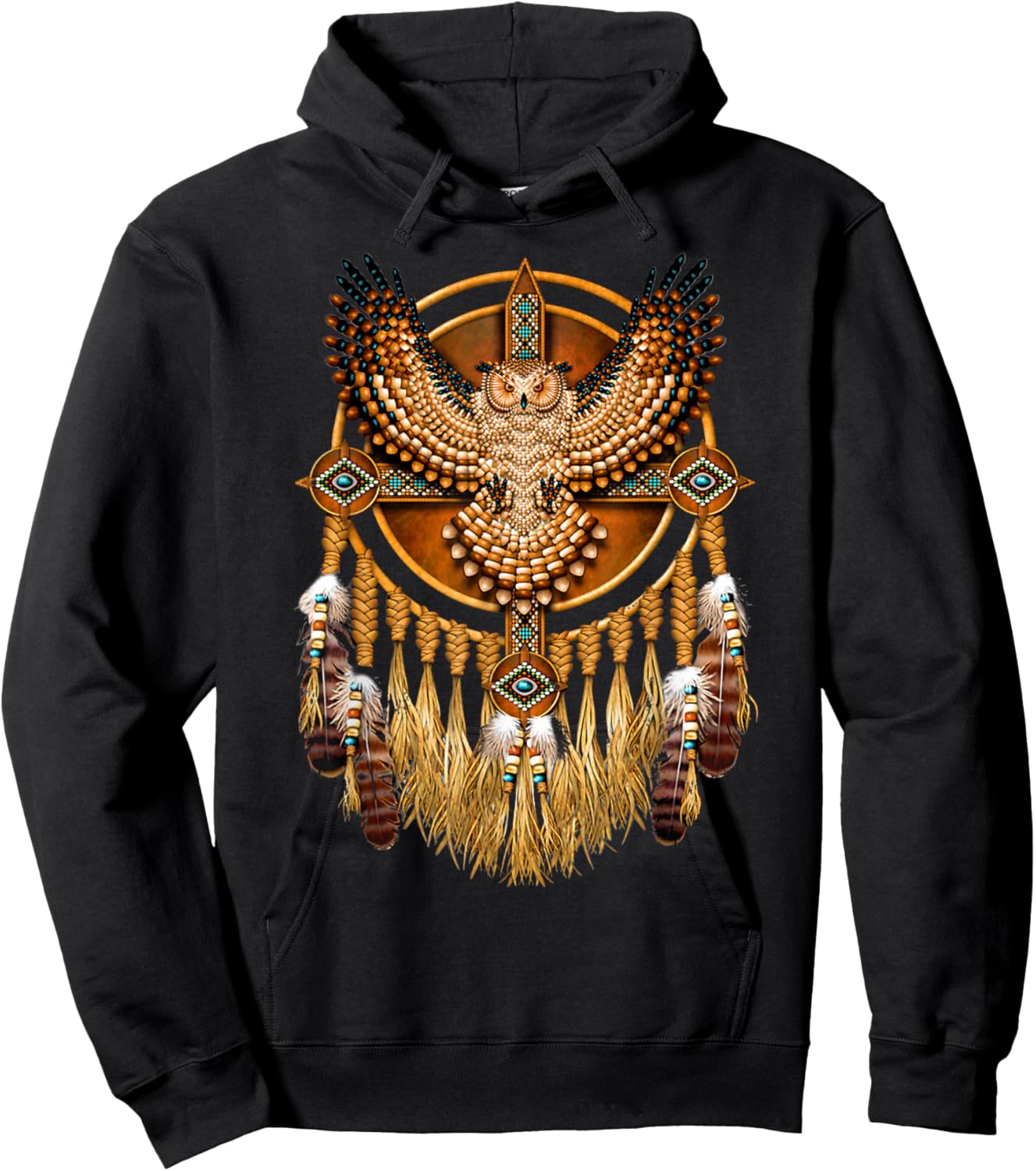 Owl Colorful Dreamcatcher Feathers Tribal Native American Hoodie - Hoodie | Black