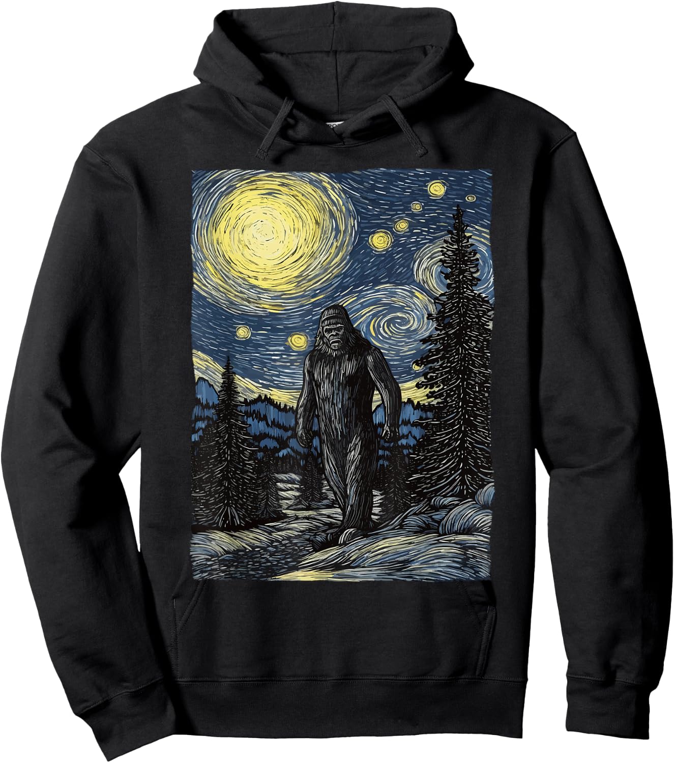 Bigfoot Starry Night Sasquatch Van Gogh Painting Art Hoodie - Hoodie | Black