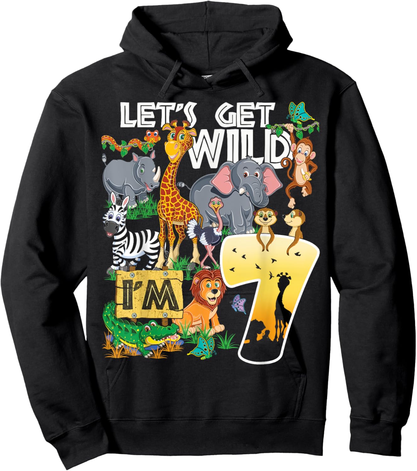 Kids Safari Zoo 7th Birthday Party Let's Get Wild I'm 7 Hoodie - Hoodie | Black