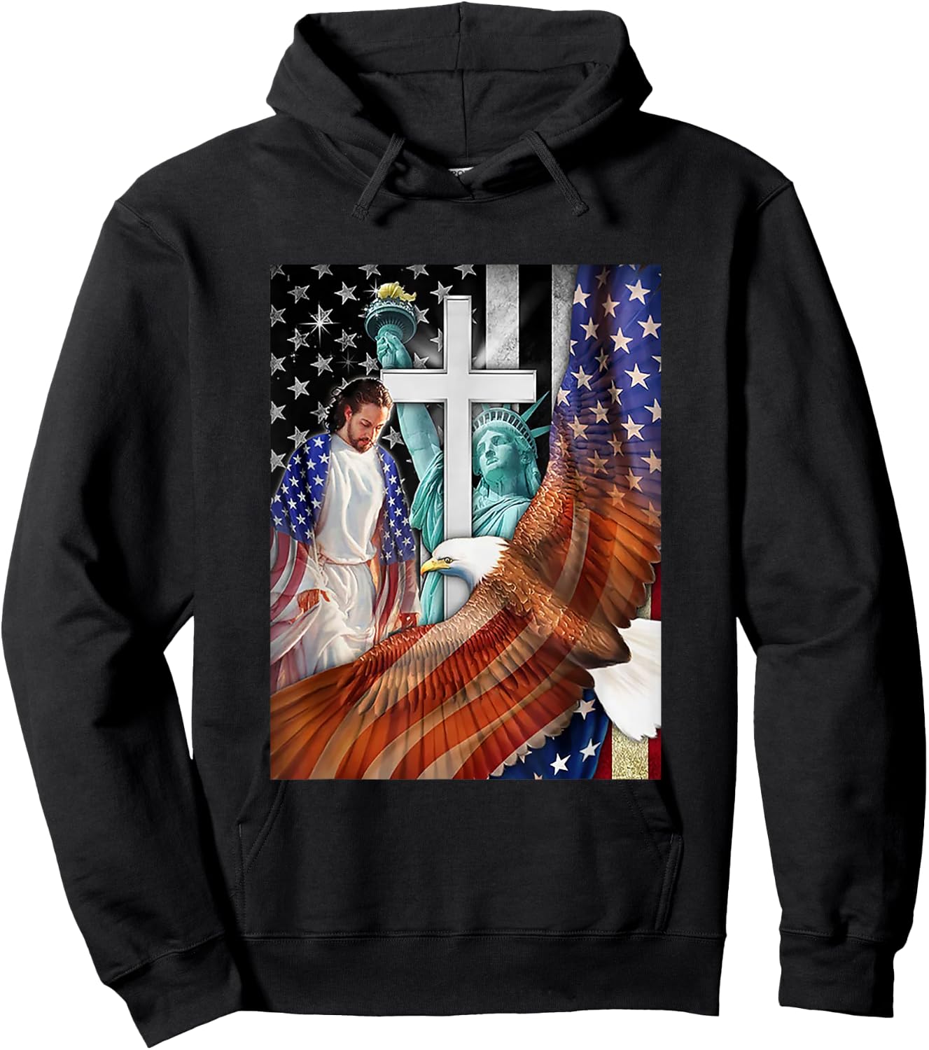 Bald Eagle with Jesus Christ and American Flag Women Kids Men Hoodie - Hoodie | Black