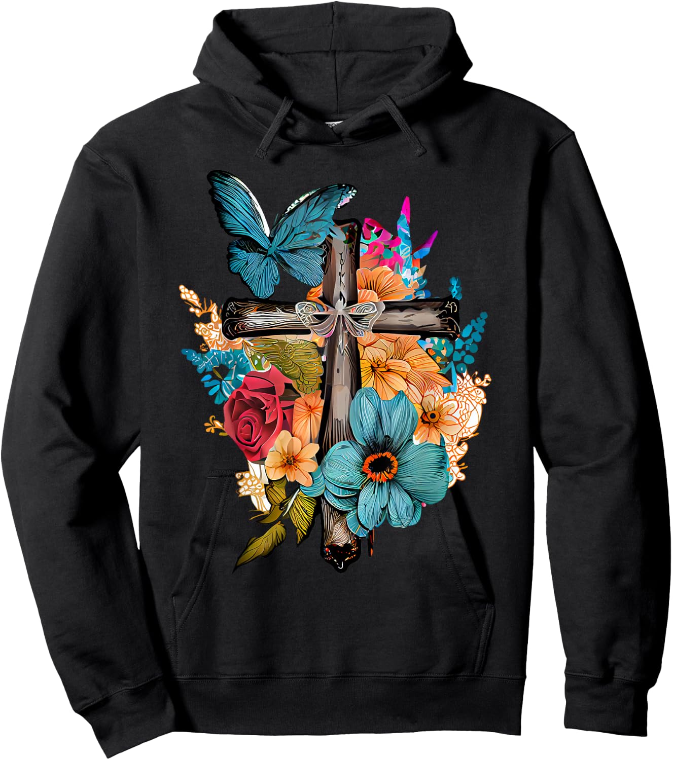 Jesus Cross Butterfly Flower Christian Faith Motivation Hoodie - Hoodie | Black