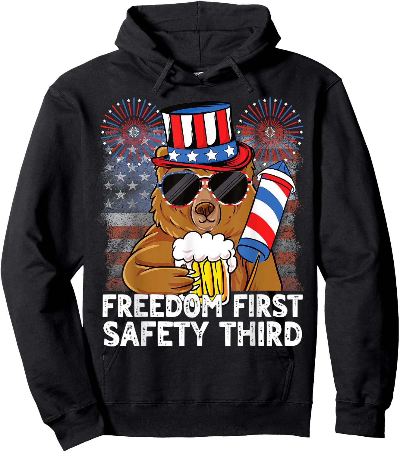 USA 4th of July Bear Beer Freedom First Safety Third Hoodie - Hoodie | Black