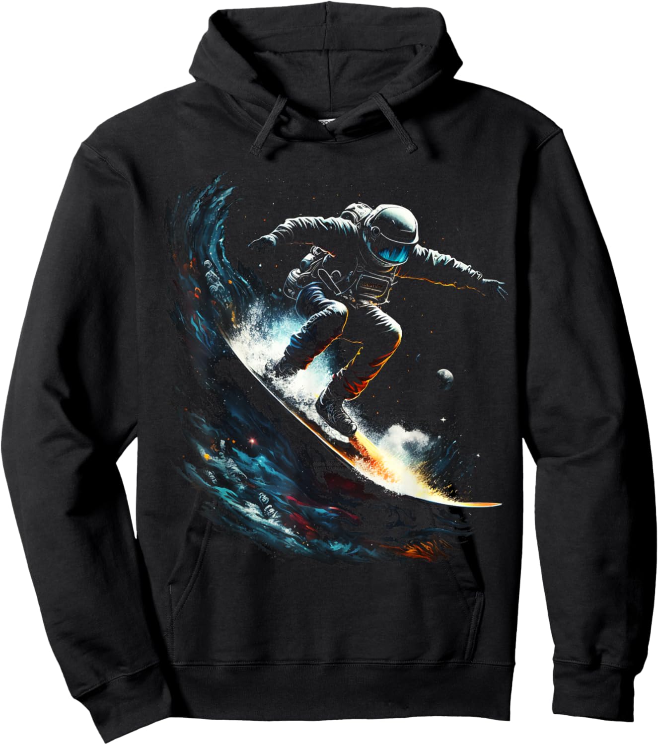 Astronaut surfs space waves, universe galaxy planets sci-fi Hoodie - Hoodie | Black