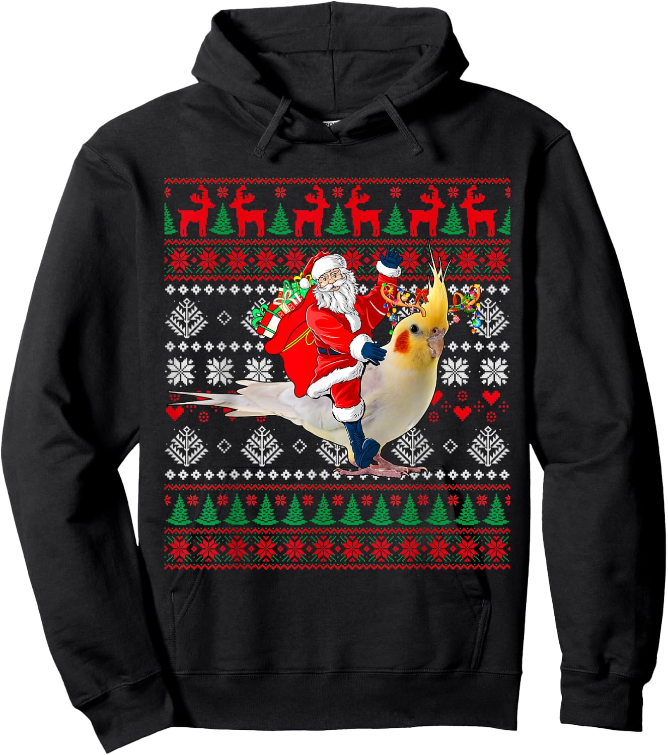Santa Riding Reindeer Cockatiel Christmas Costume Bird Lover Hoodie - Hoodie | Black