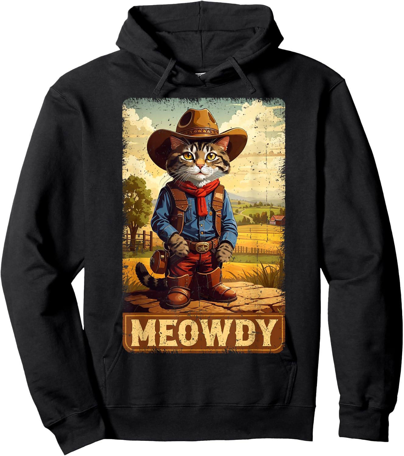 Meowdy Funny Country Side Cat Hat Vintage Cowboy Cat Hoodie - Hoodie | Black