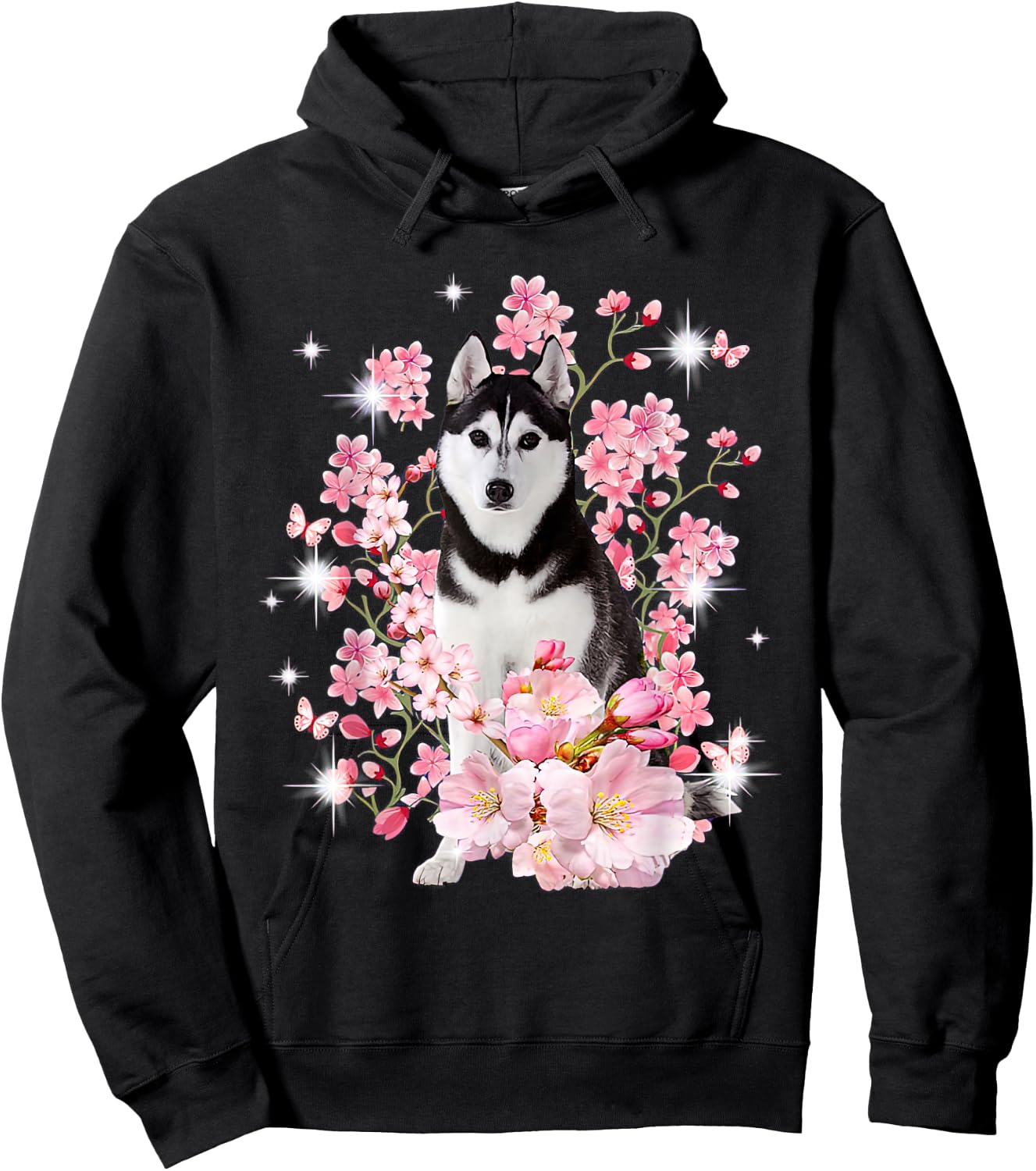 Husky Dog Japanese Cherry Blossom Sakura Flower Hoodie - Hoodie | Black