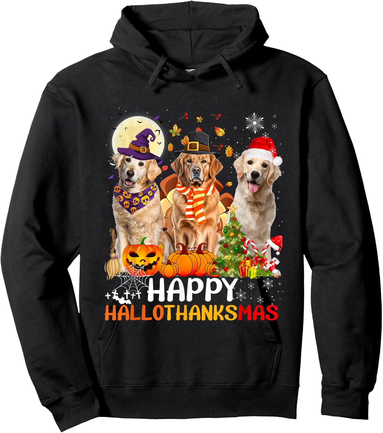 Cute Golden Retriever Happy Hallothanksmas Halloween Xmas Hoodie - Hoodie | Black