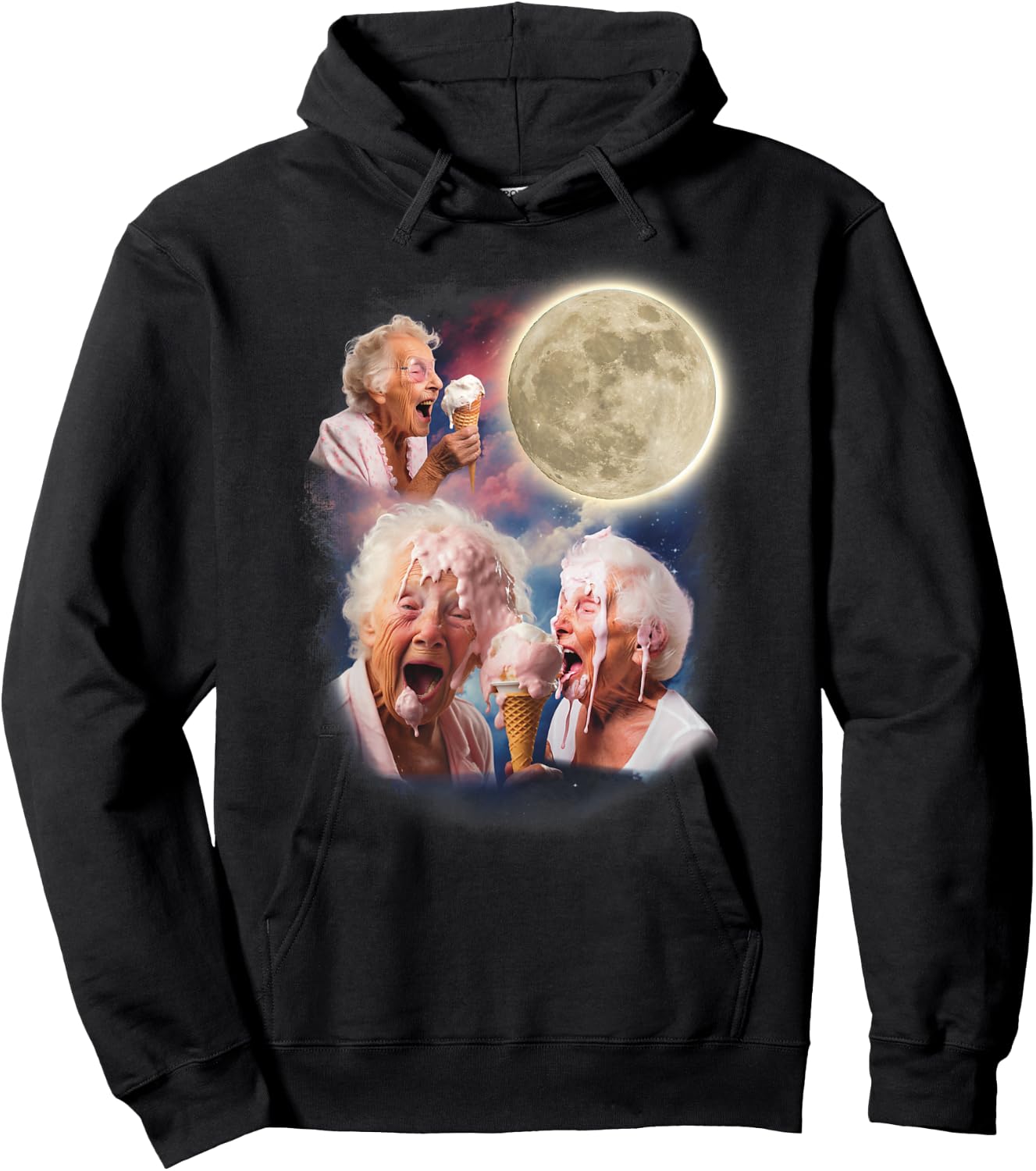 Three Granny Moon Funny Old Ladies Moon Weird Cursed Meme Hoodie - Hoodie | Black