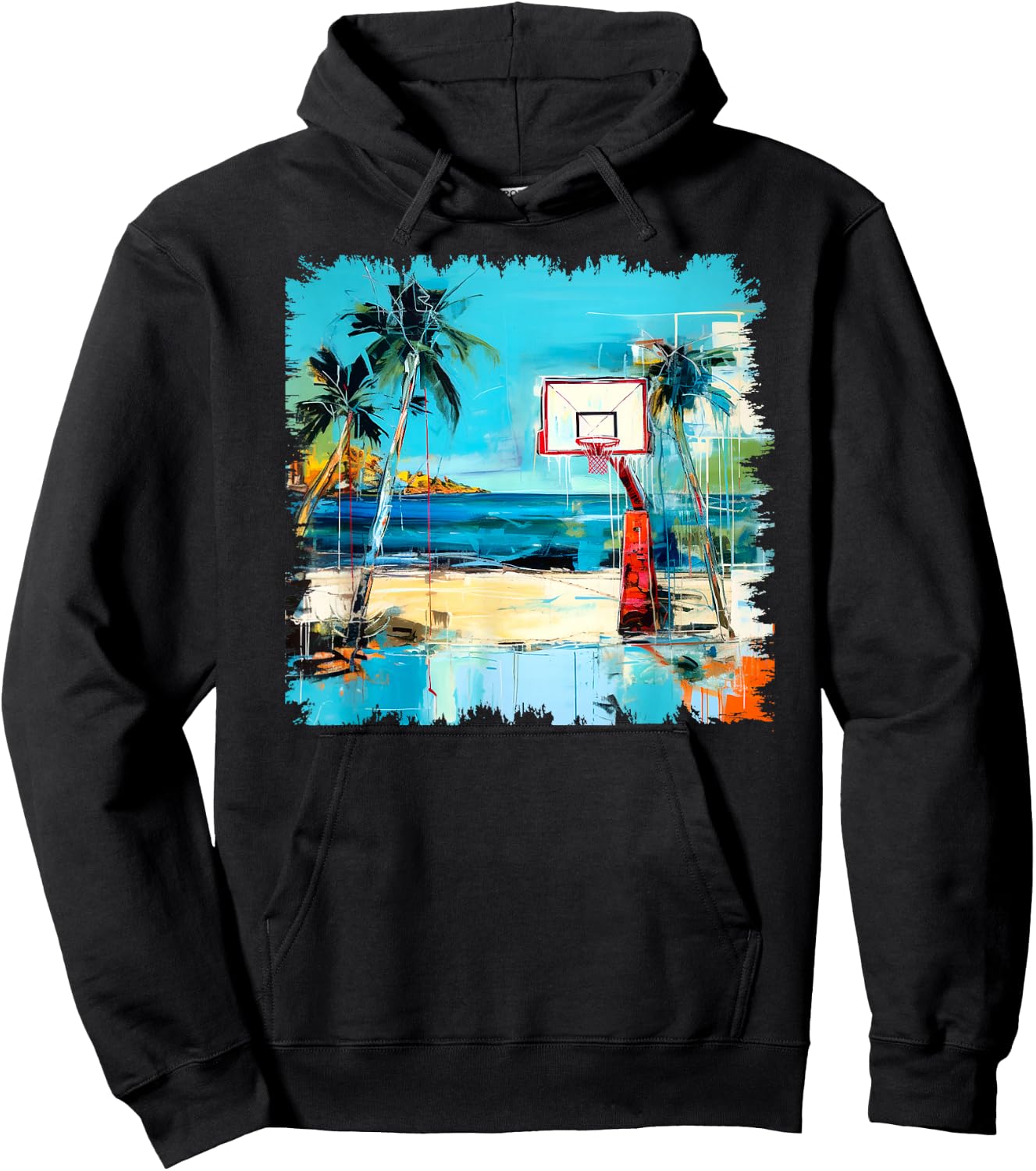 Basketball Hoop Tropical Sea Beach Stylish Street Art Design Hoodie - Hoodie | Black