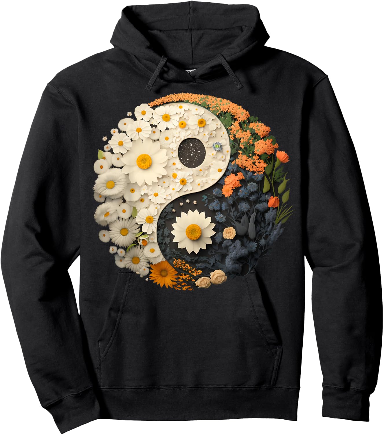 Floral Taoism Yin Yang Symbol on Flower Taijitu Yin Yang Hoodie - Hoodie | Black
