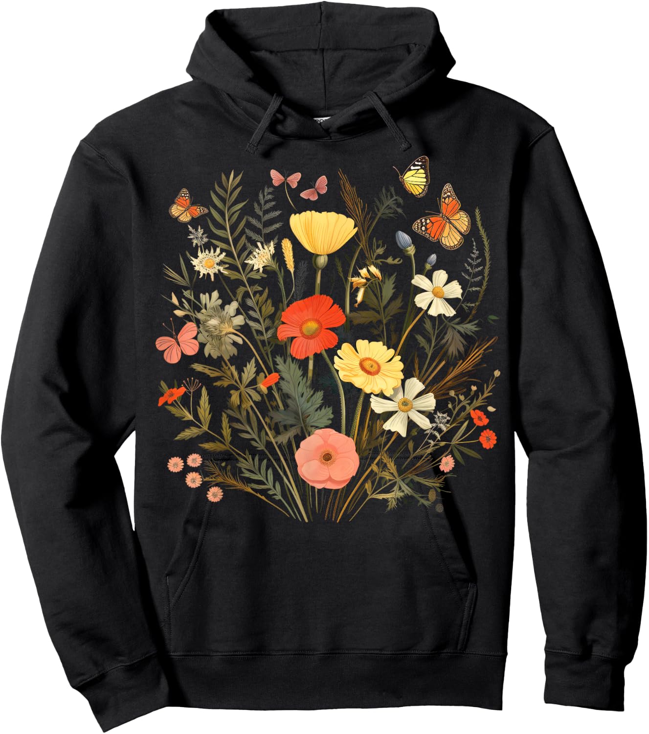 Vintage Pressed Flowers Butterflies Floral Boho Wildflowers Hoodie - Hoodie | Black