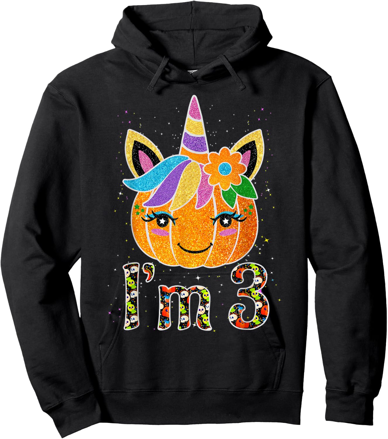 3 Years Old Unicorn Pumpkin Cute Design Birthday Halloween Hoodie - Hoodie | Black