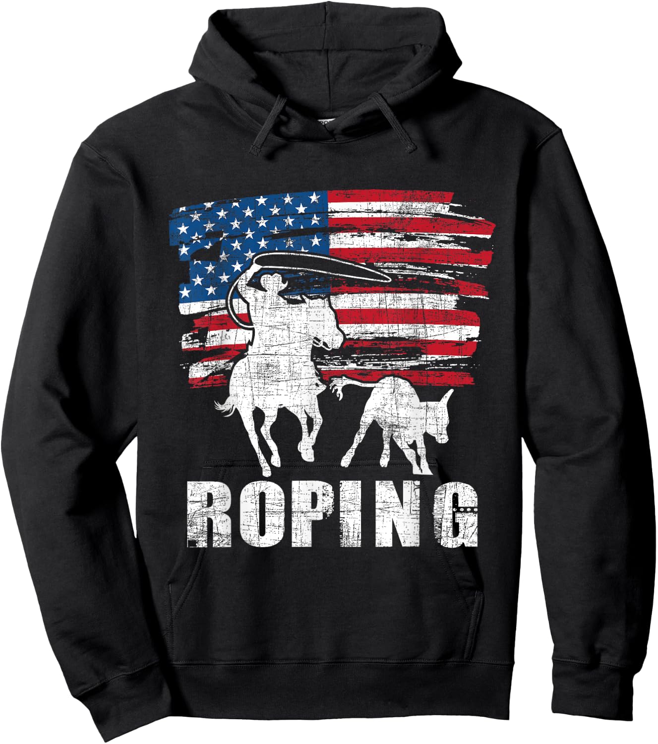 Team Roping - Roper USA American Flag Header Heeler Horse Hoodie - Hoodie | Black