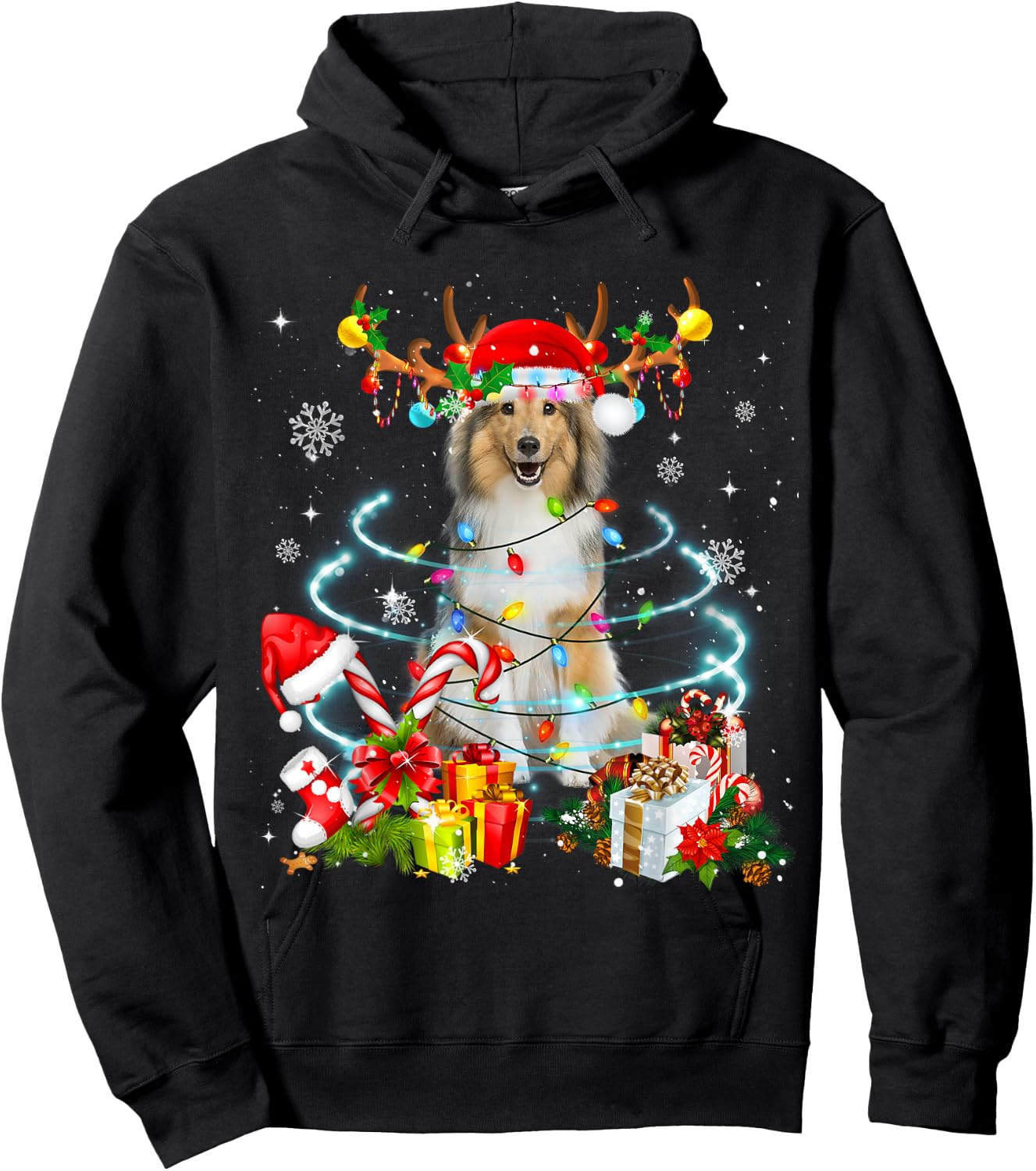 Sheltie Reindeer Christmas Tree Lights Pajama Dog Xmas Hoodie - Hoodie | Black