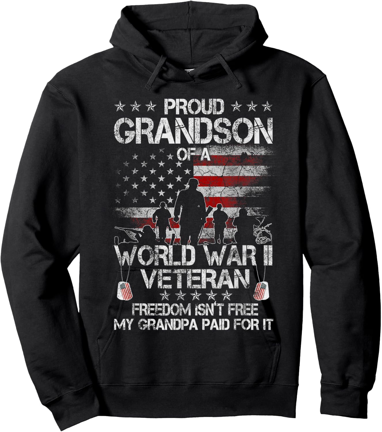 Proud Grandson Of WWII Veteran US Flag Vintage Veteran Day Hoodie - Hoodie | Black