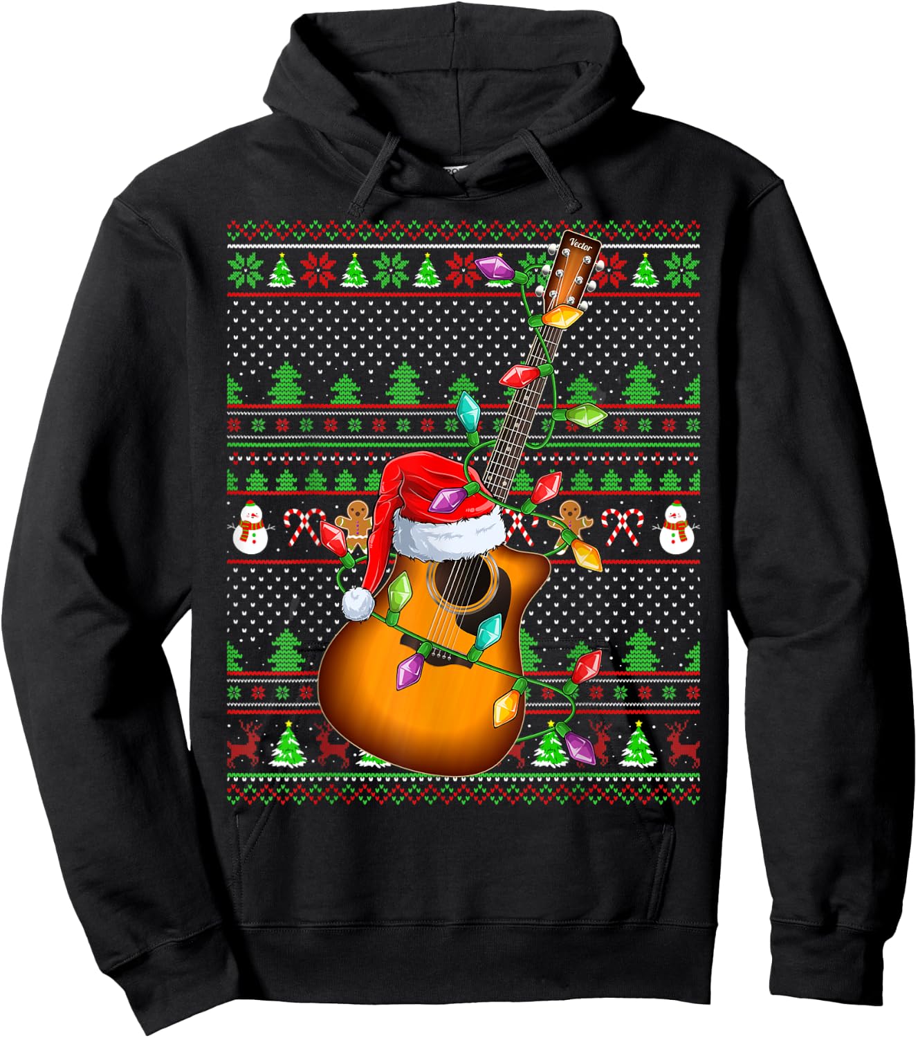Ugly Xmas Sweater Style Lighting Guitar Christmas Hoodie - Hoodie | Black