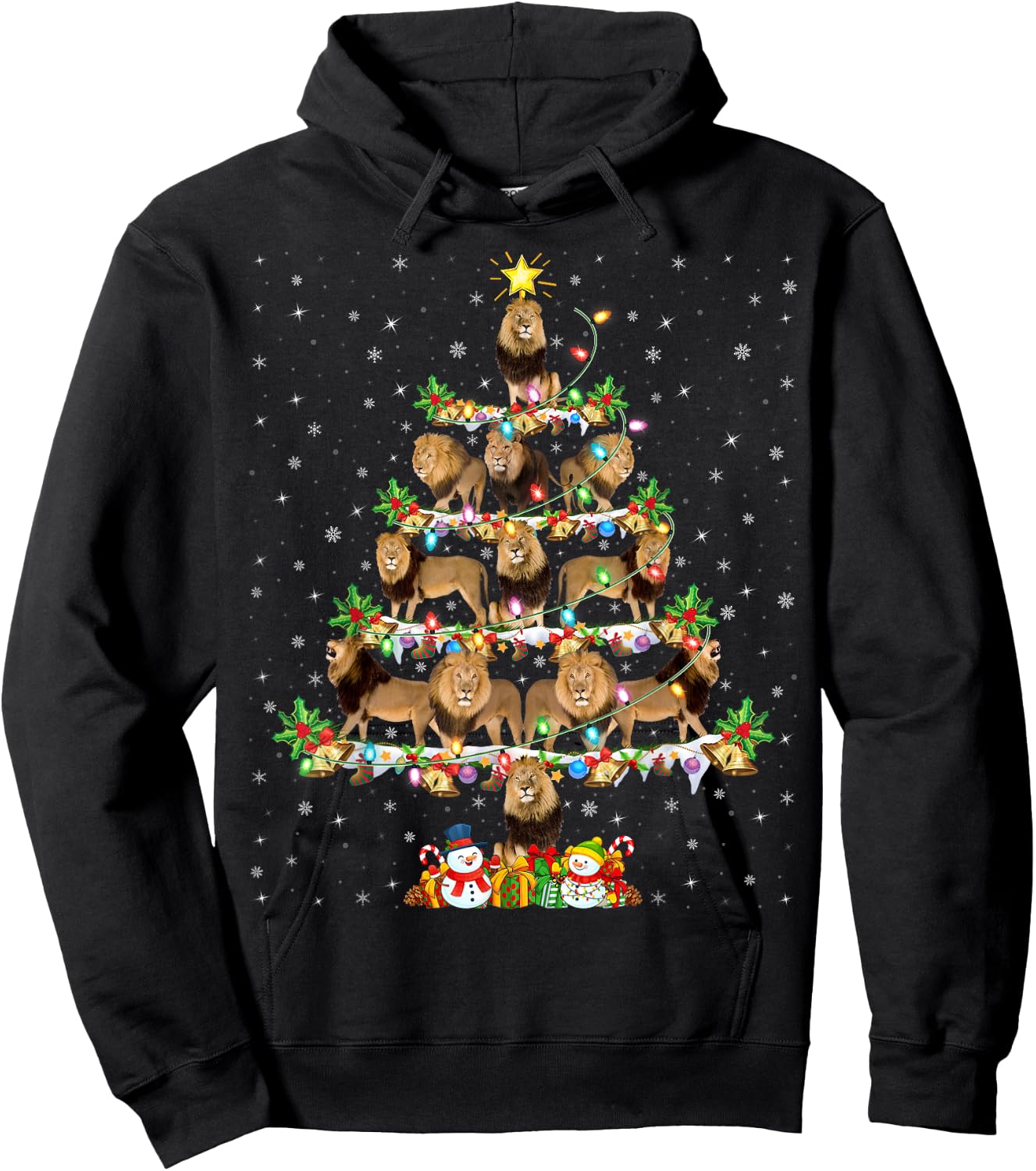 Lion Xmas Lighting Santa Lion Christmas Tree Hoodie - Hoodie | Black
