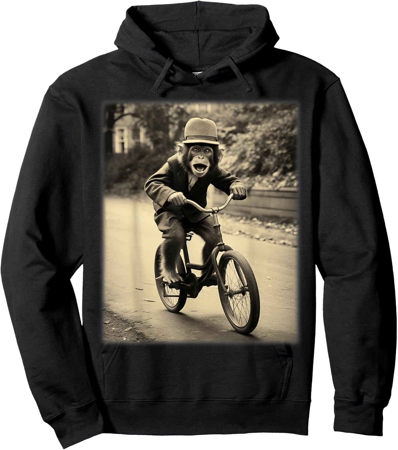 Funny Cute Monkey Chimp Riding Vintage Bicycle Men Woman Hoodie - Hoodie | Black