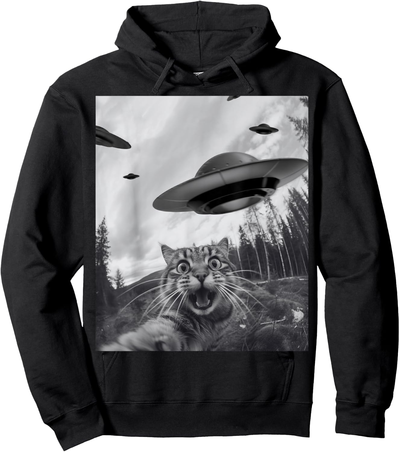 Funny Cat Selfie with Alien UFO Hoodie - Hoodie | Black