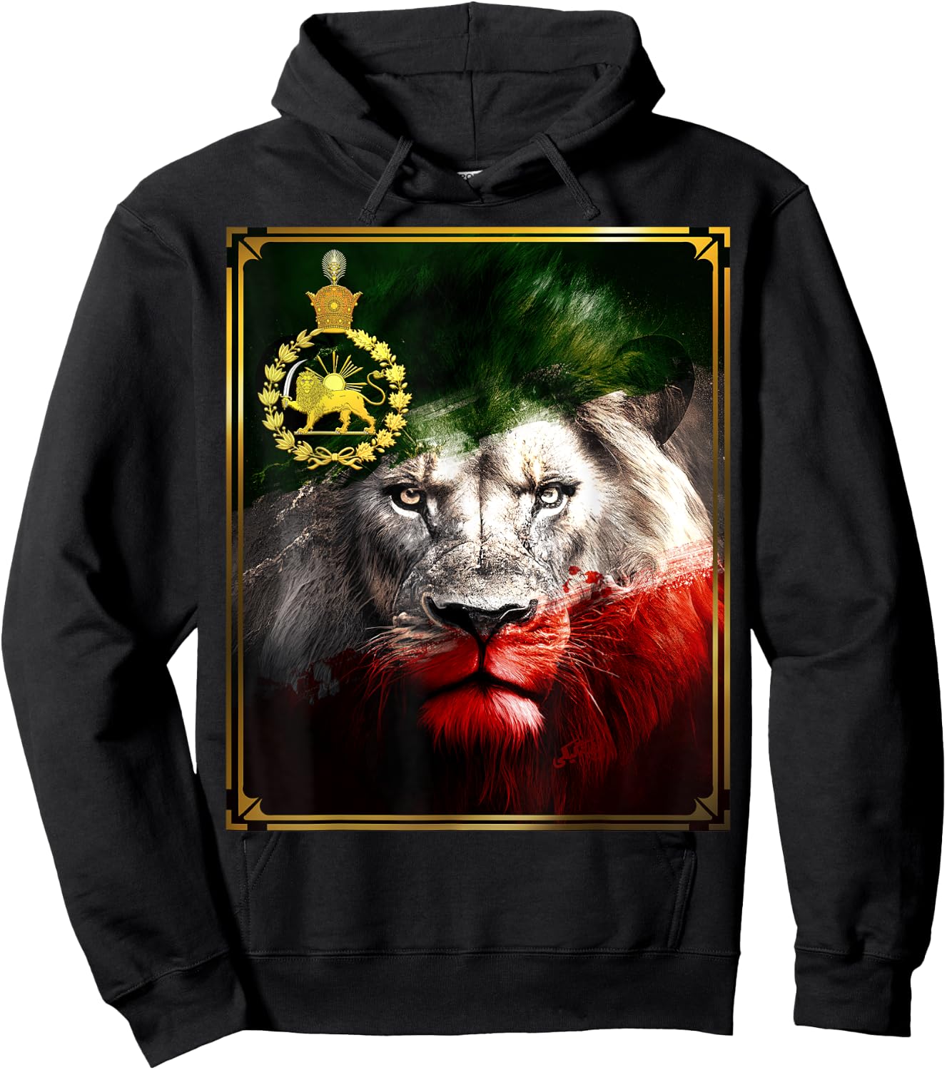 Iran flag on lion head with a golden lion Pahlavi Hoodie - Hoodie | Black