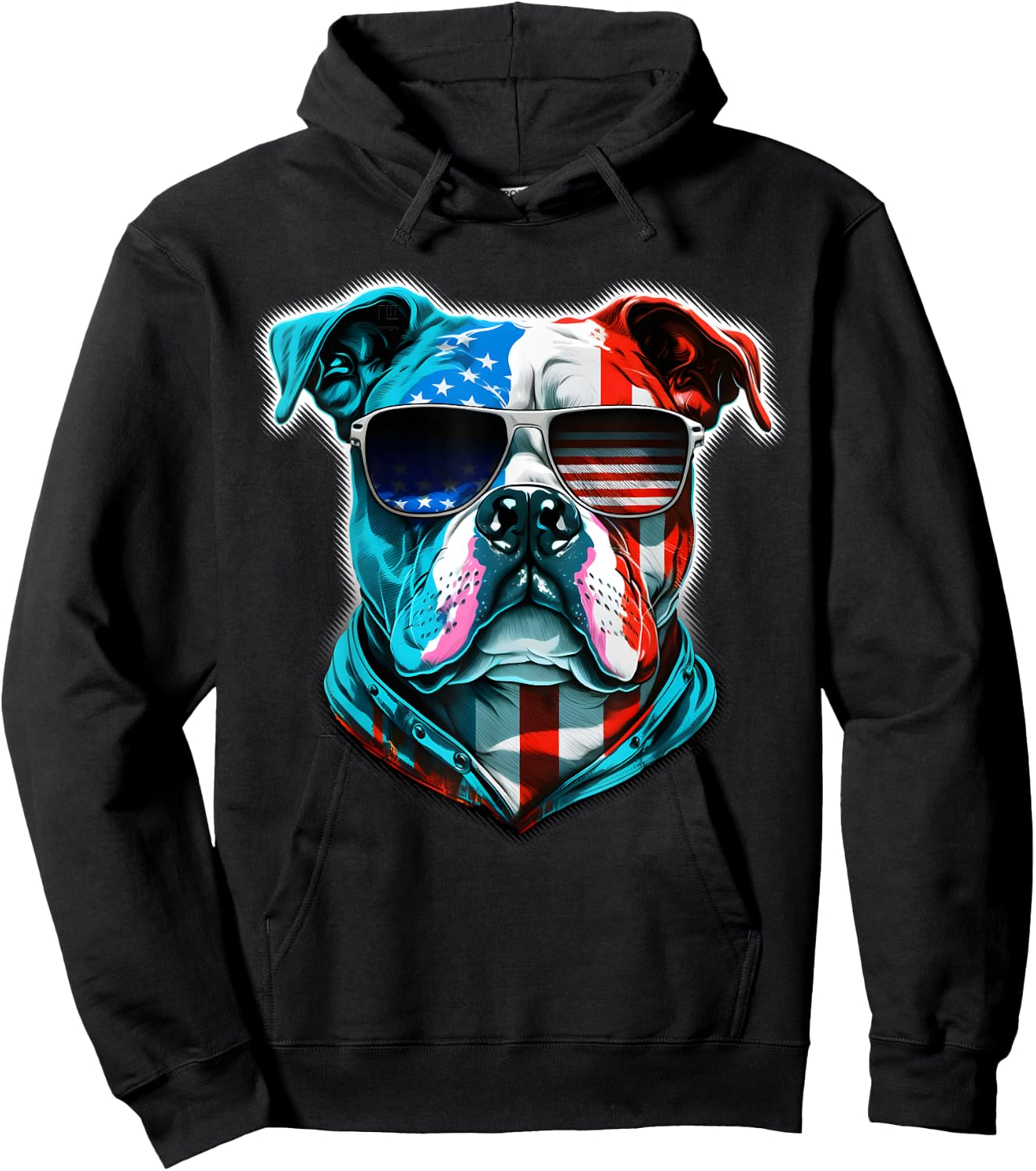 Bulldog Dog Red White Blue American Flag Sunglasses Kids Men Hoodie - Hoodie | Black