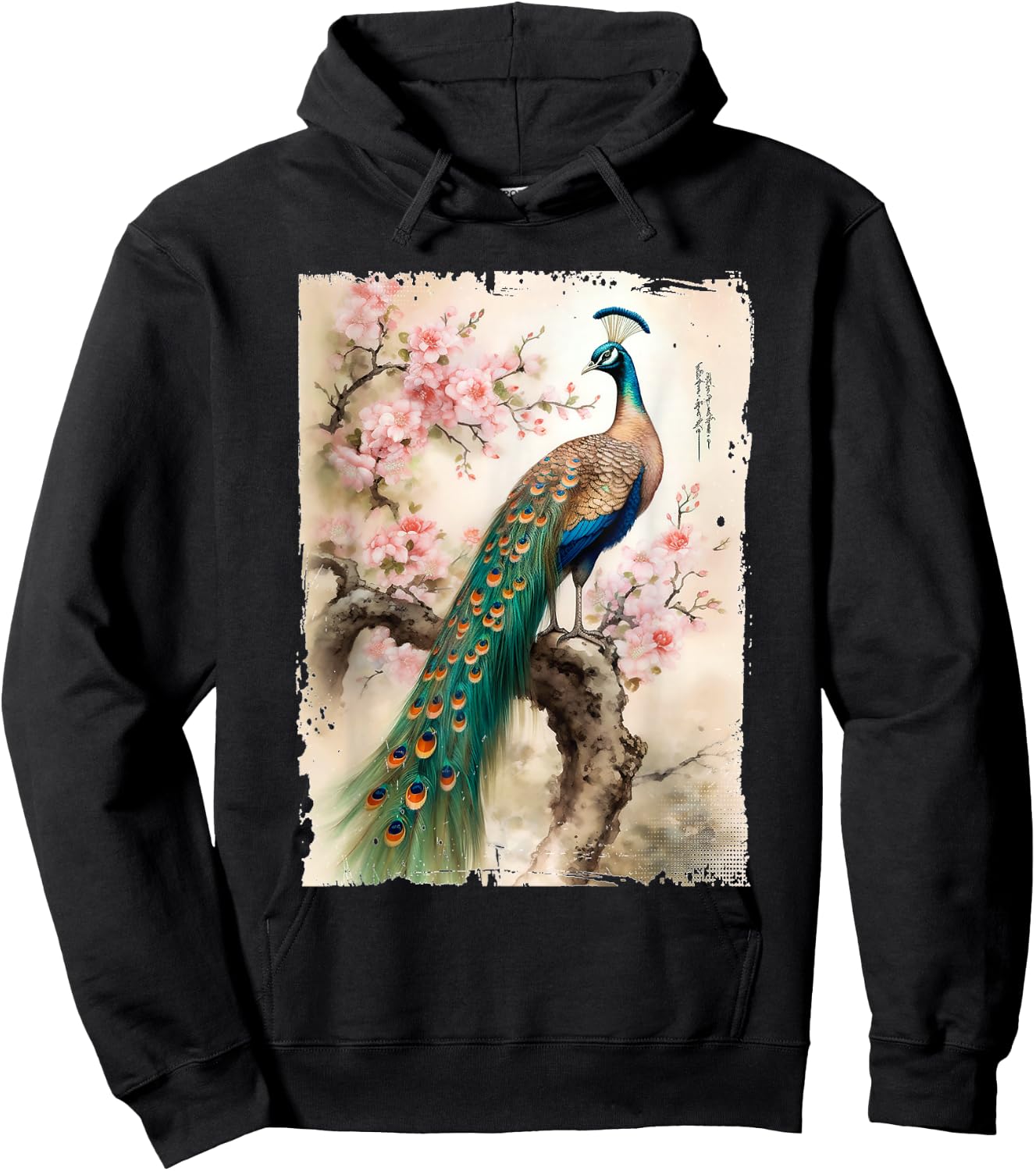 Beautiful Peacock Japanese Cherry Blossom Art Hoodie - Hoodie | Black