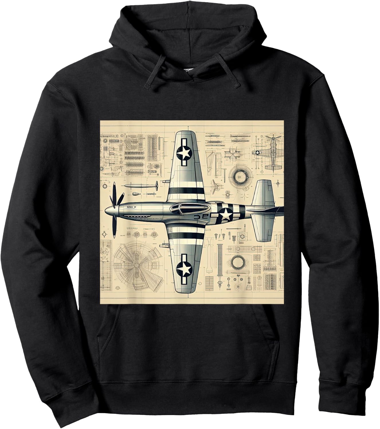 WW2 Warplane P51 Mustang Assembly Parts Blueprint Hoodie - Hoodie | Black