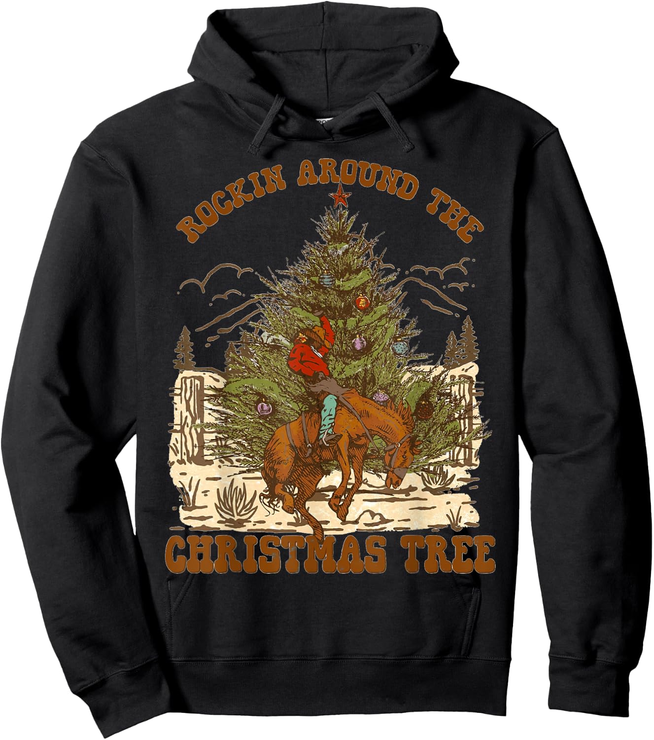 Rockin' Around Christmas Cowboy Tree Santa Ride Horse Pajama Hoodie - Hoodie | Black