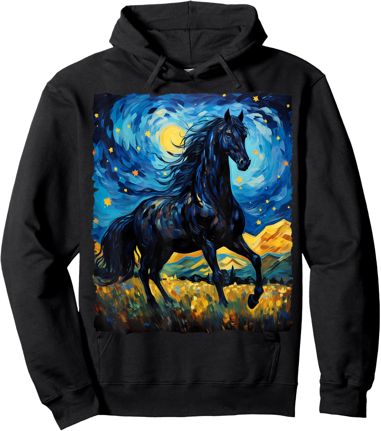 Black Horse Van Gogh Starry Night Painting Wild Animal Lover Hoodie - Hoodie | Black