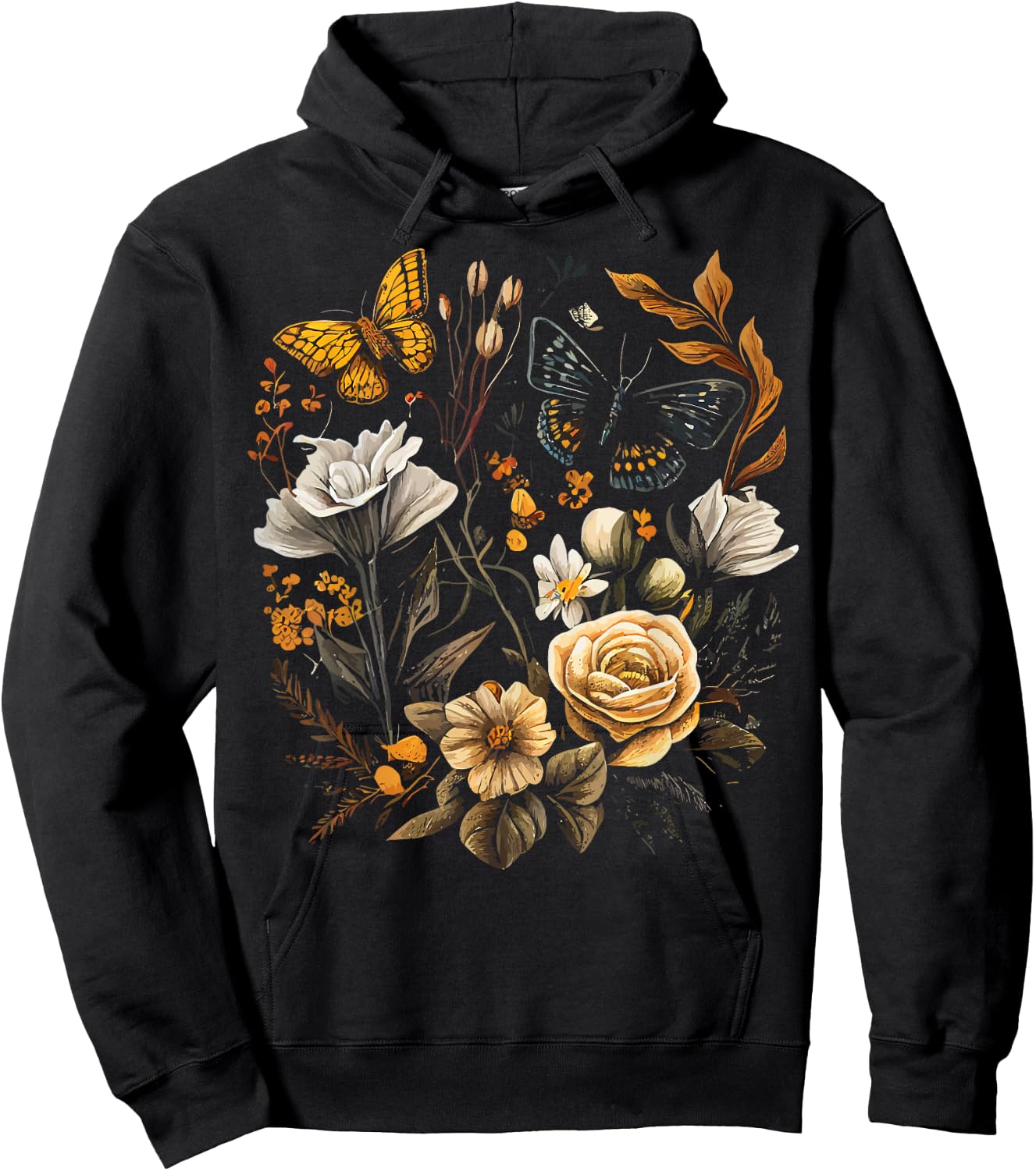 Vintage Pressed Flowers Butterflies Floral Boho Wildflowers Hoodie - Hoodie | Black