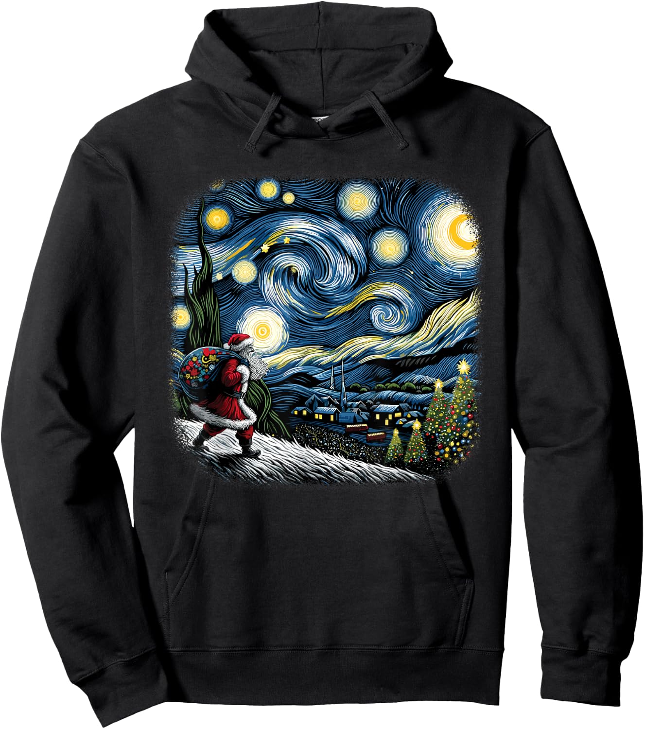 Van Gogh Starry Night Santa Christmas Winter Snowy Night Hoodie - Hoodie | Black