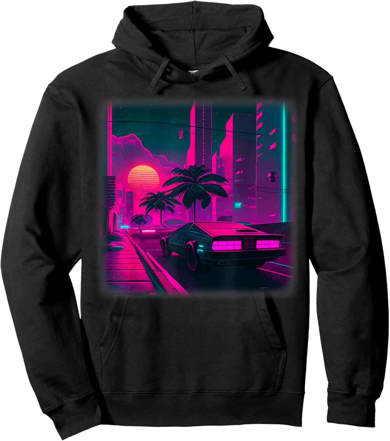 Synthwave Vaporwave Sunset Palm Trees 80s 90s Illustration Hoodie - Hoodie | Black