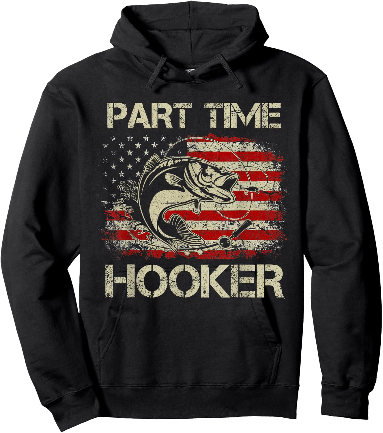 Part Time Hooker Vintage Funny Fishing Fisherman USA Flag Hoodie - Hoodie | Black