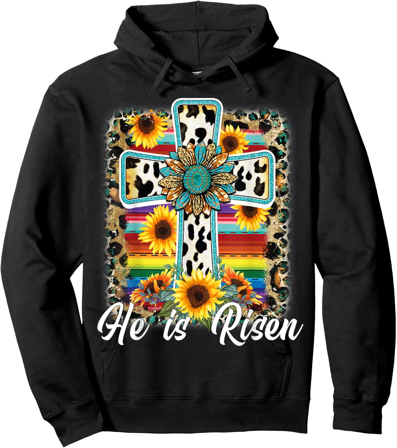 He is Risen Sunflower Leopard Cross Happy Easter Day Hoodie - Hoodie | Black