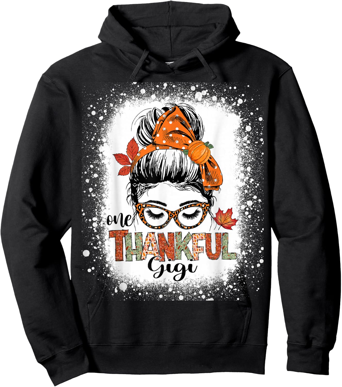 One Thankful Gigi Messy Bun Fall Autumn Thanksgiving Grandma Hoodie - Hoodie | Black