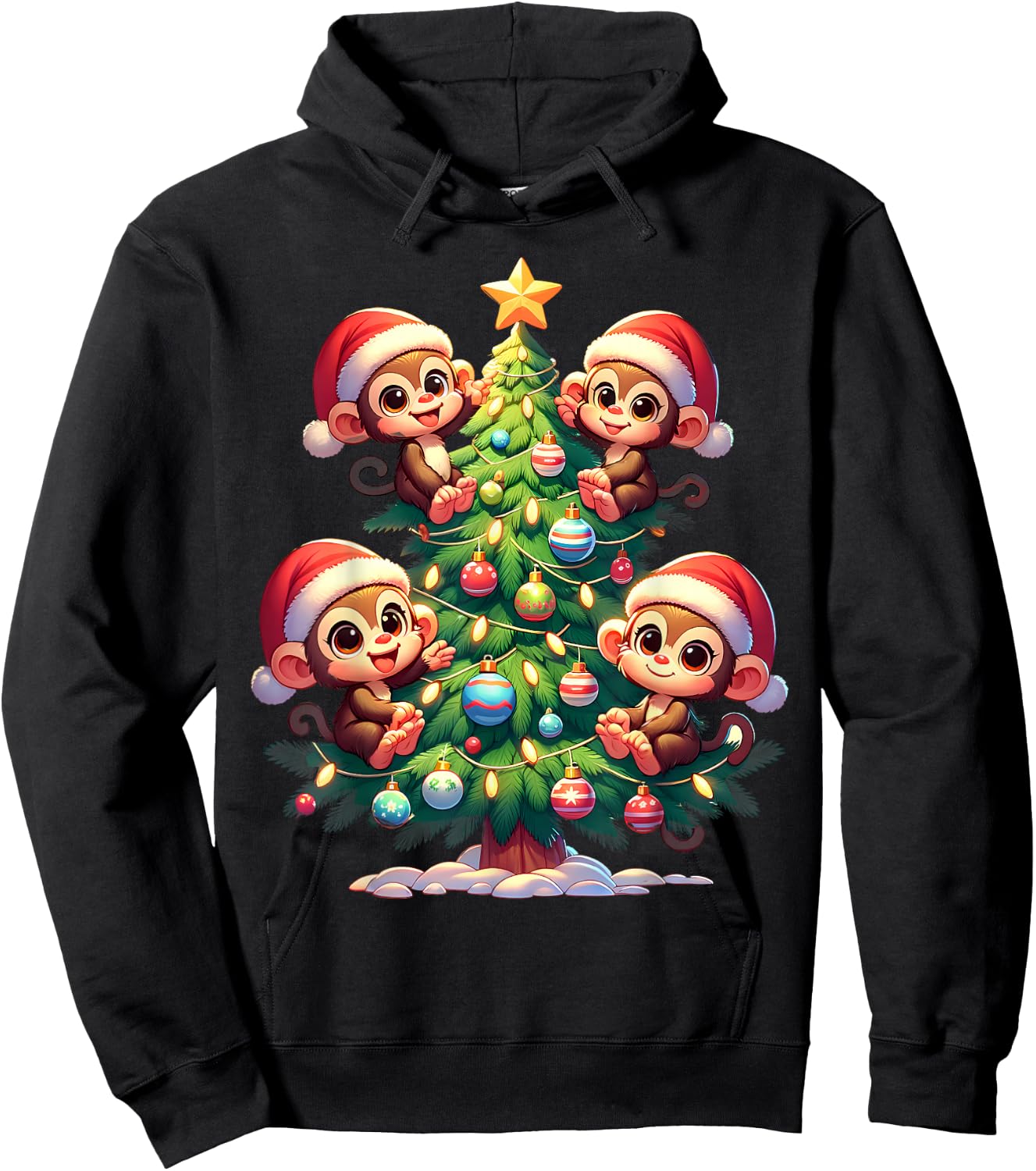Kawaii Monkey Christmas Tree Cartoon Animals Primate Hoodie - Hoodie | Black