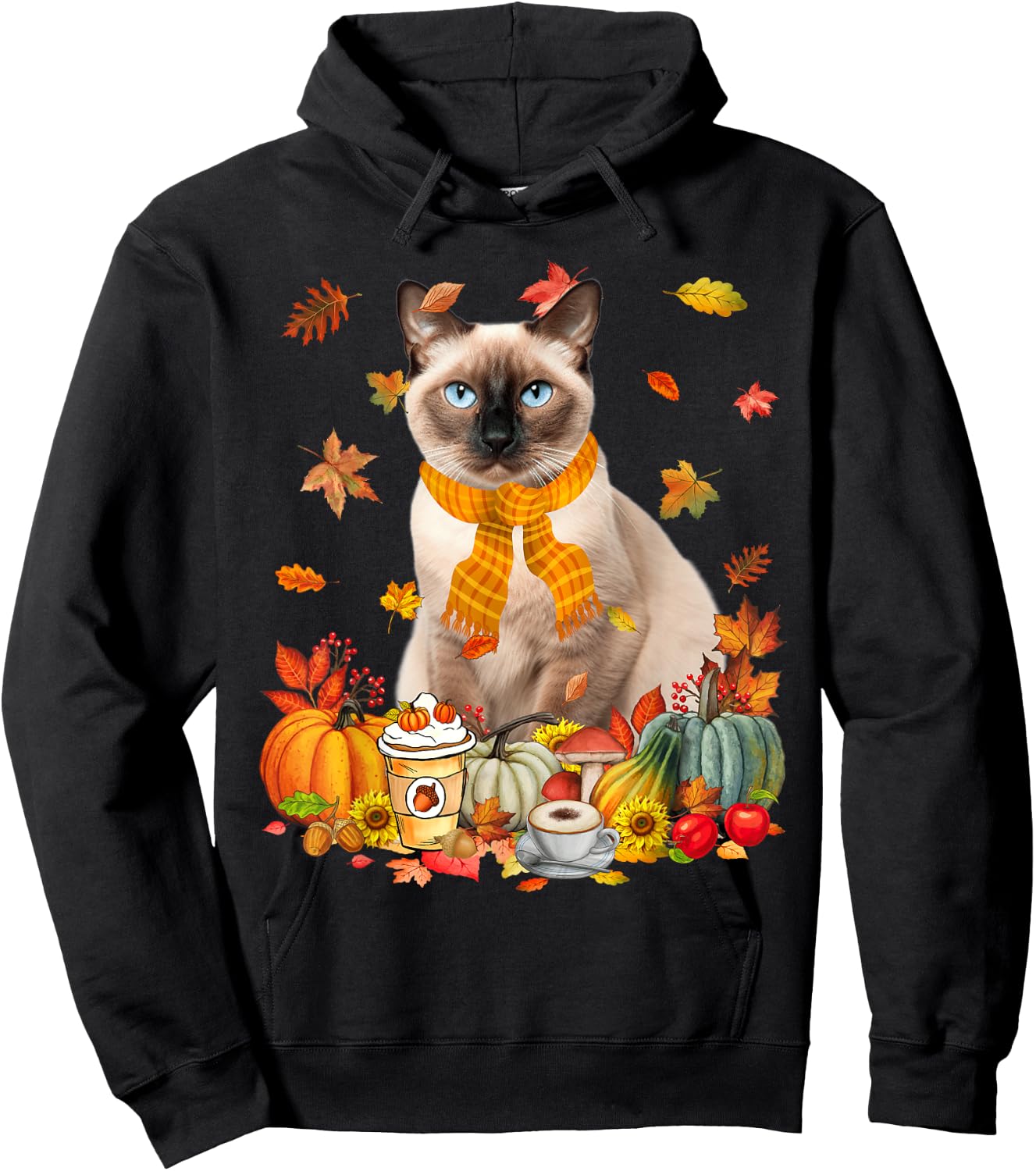 Cup Of Coffe & Siamese Cat Pumpkins Fall Vibes Thanksgiving Hoodie - Hoodie | Black