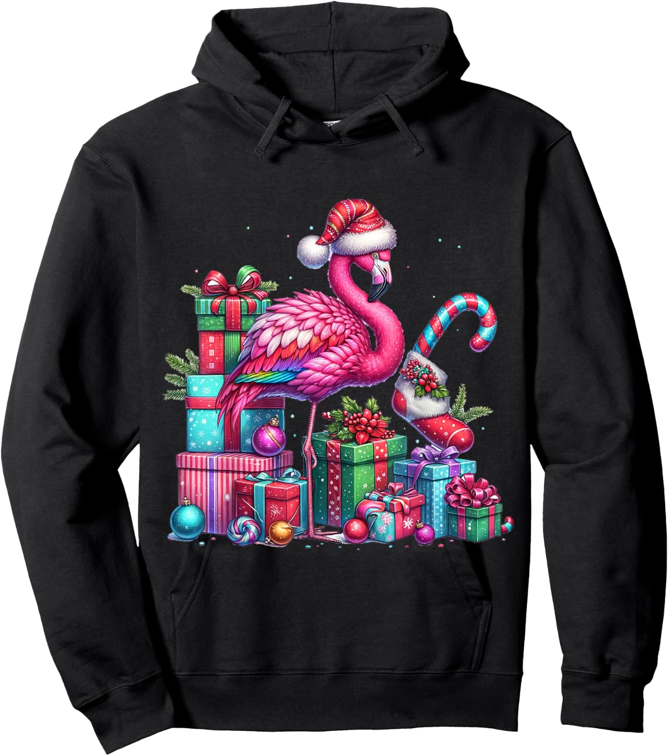 Funny Festive Flamingo Holiday Pink Christmas Xmas Santa Hat Hoodie - Hoodie | Black