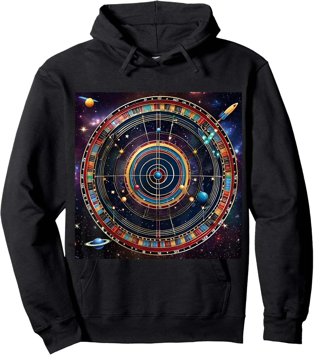 Bullseye Beyond -Adults Kids , Black, Small, Short Sleeve, Modern, Astrological, Sports, Professional, Themed- , Interstellar Challenge: Cosmic Dartboard Hoodie - Hoodie | Black