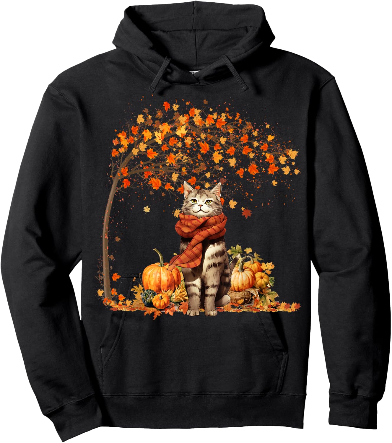 Cat Leaf Fall Hello Autumn Cat Kitten Lover Thanksgiving Hoodie - Hoodie | Black